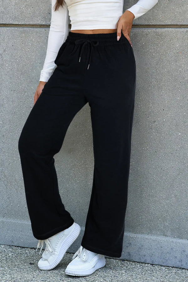 Pantalon décontracté noir à taille avec cordon de serrage et doublure en polaire de couleur unie Perfectelena