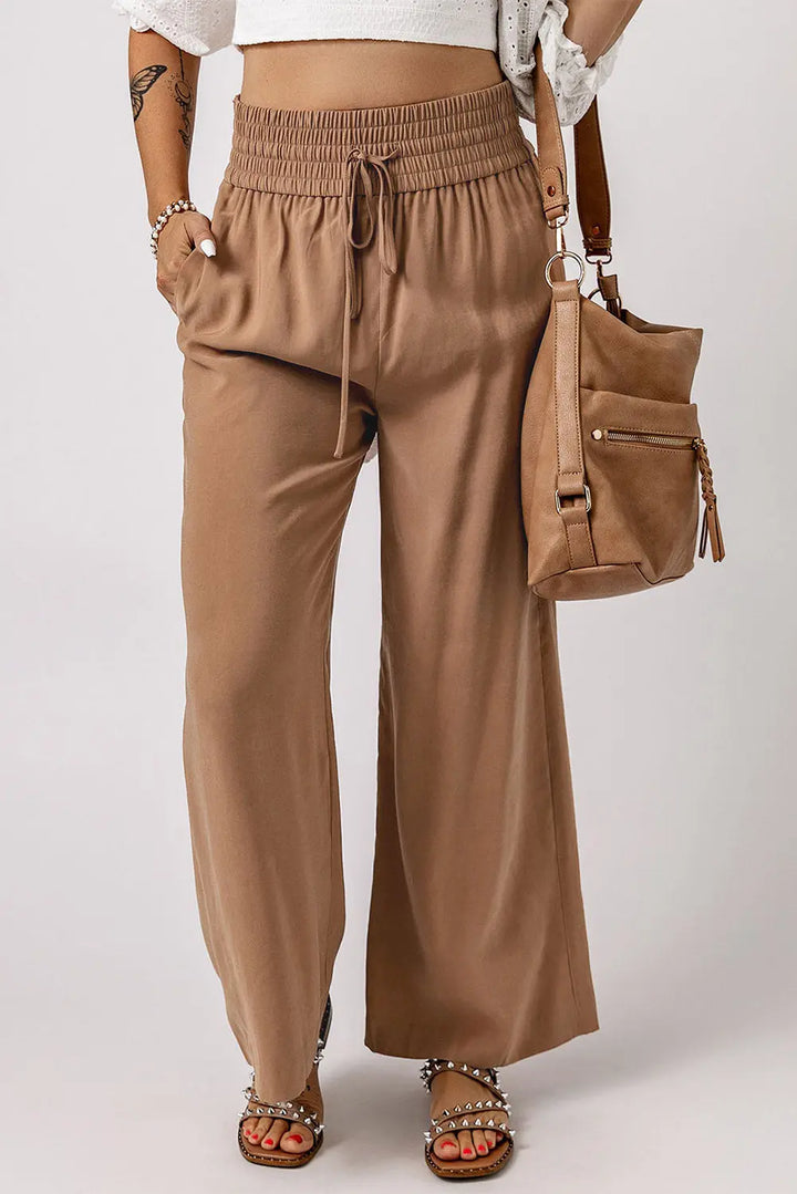 Pantalon large décontracté à taille élastique avec cordon de serrage marron Perfectelena