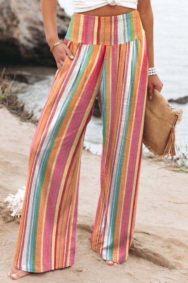 Pantalon large smocké à rayures multicolores taille haute Perfectelena