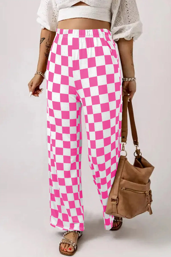 Pantalon large taille haute à carreaux bicolores Bonbon Perfectelena