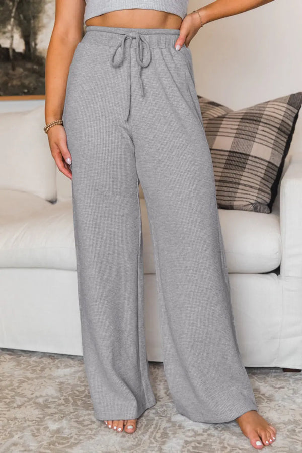 Pantalon large taille haute en tricot gaufré gris avec cordon de serrage Perfectelena