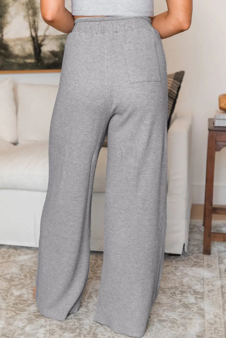 Pantalon large taille haute en tricot gaufré gris avec cordon de serrage Perfectelena