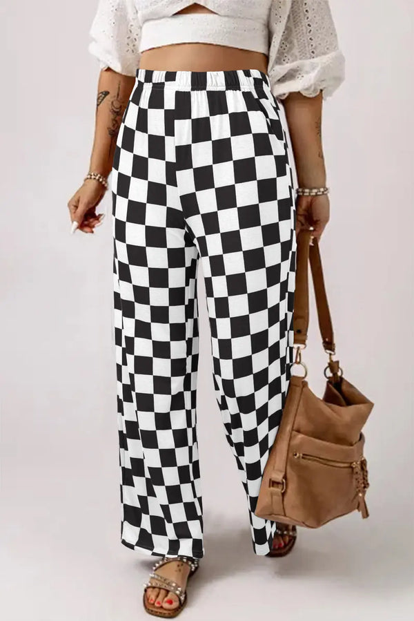 Pantalon large taille haute noir à carreaux bicolores Perfectelena