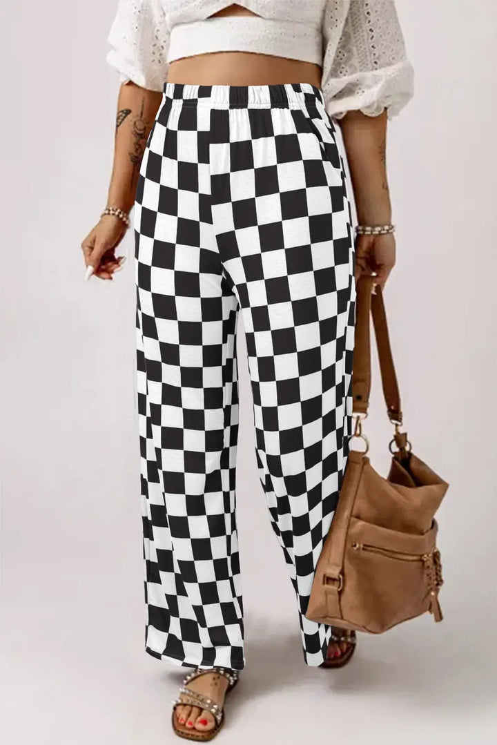 Pantalon large taille haute noir à carreaux bicolores Perfectelena