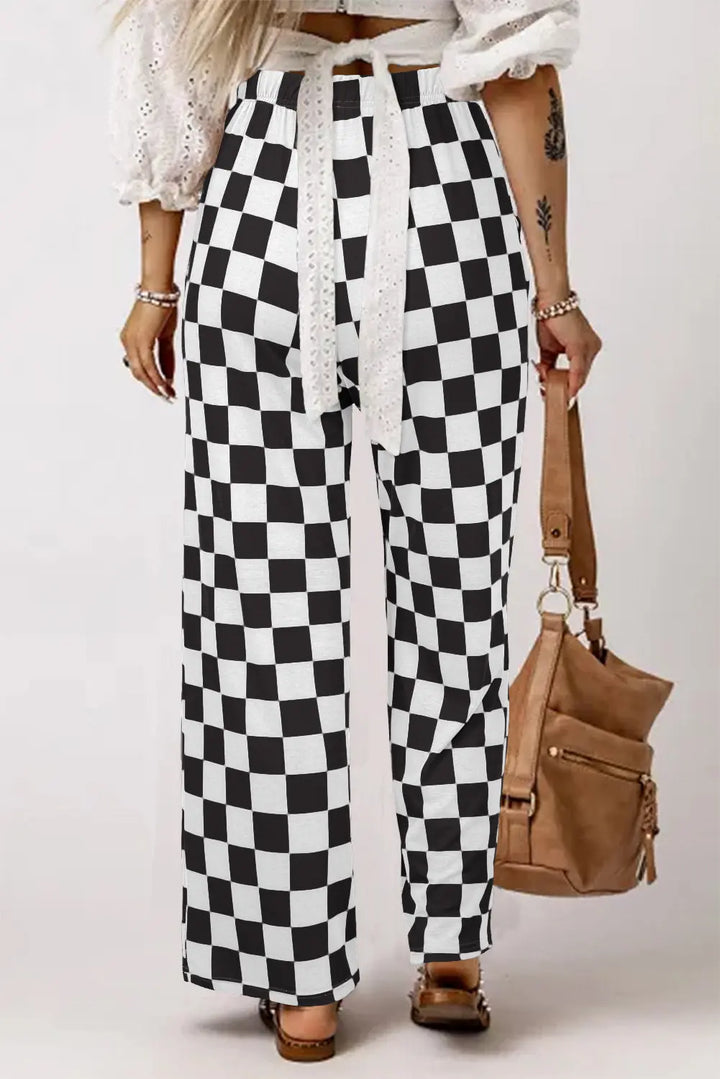Pantalon large taille haute noir à carreaux bicolores Perfectelena