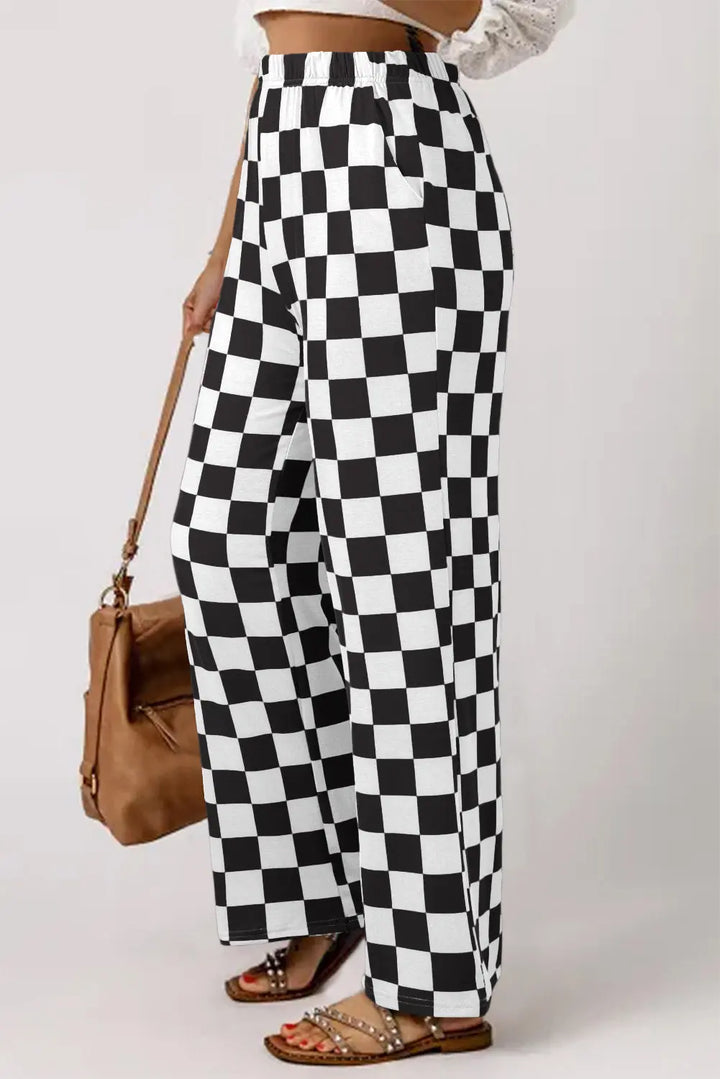 Pantalon large taille haute noir à carreaux bicolores Perfectelena