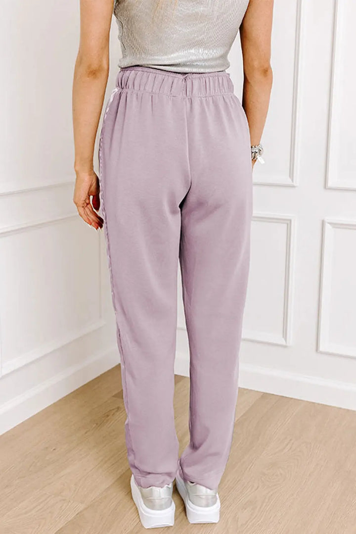 Pantalon taille haute avec cordon de serrage et pétales d'orchidées, patch à rayures en satin, jambe droite Perfectelena