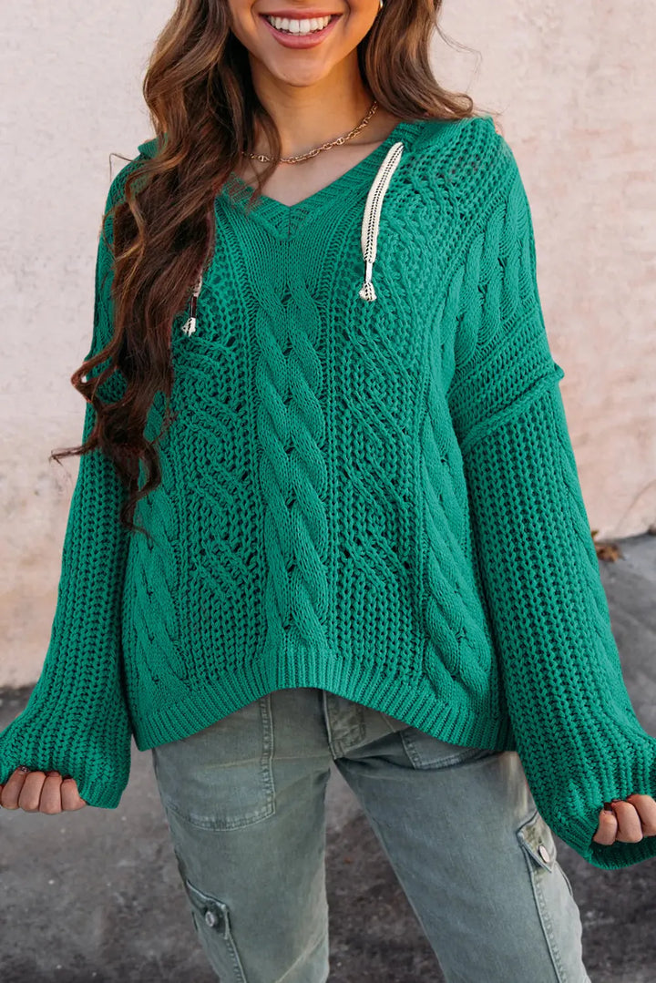 Pull à capuche avec cordon de serrage contrasté en tricot torsadé vert d'eau Perfectelena