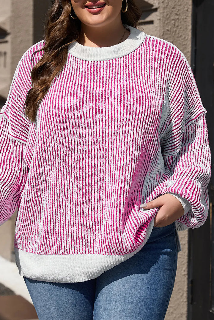 Pull ample à bords contrastés en tricot texturé à rayures rose vif Perfectelena