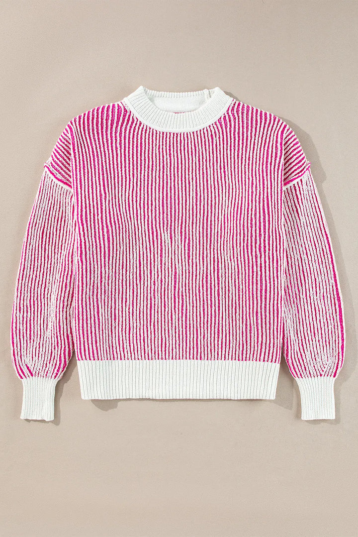 Pull ample à bords contrastés en tricot texturé à rayures rose vif Perfectelena