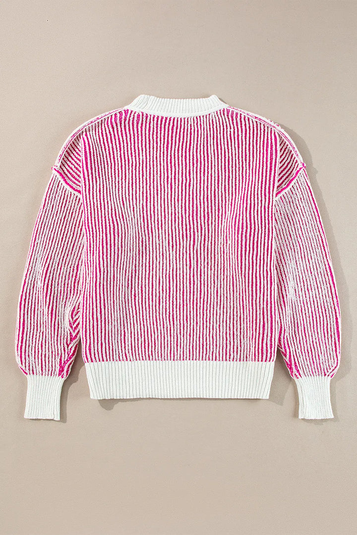 Pull ample à bords contrastés en tricot texturé à rayures rose vif Perfectelena