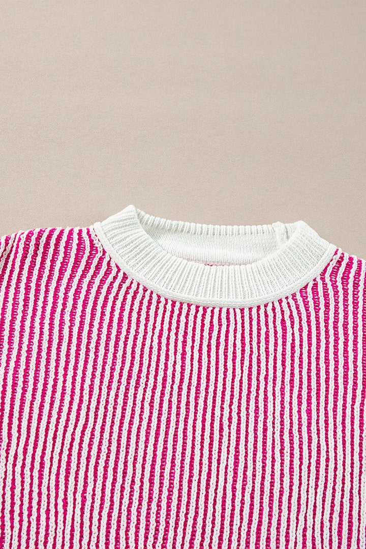 Pull ample à bords contrastés en tricot texturé à rayures rose vif Perfectelena