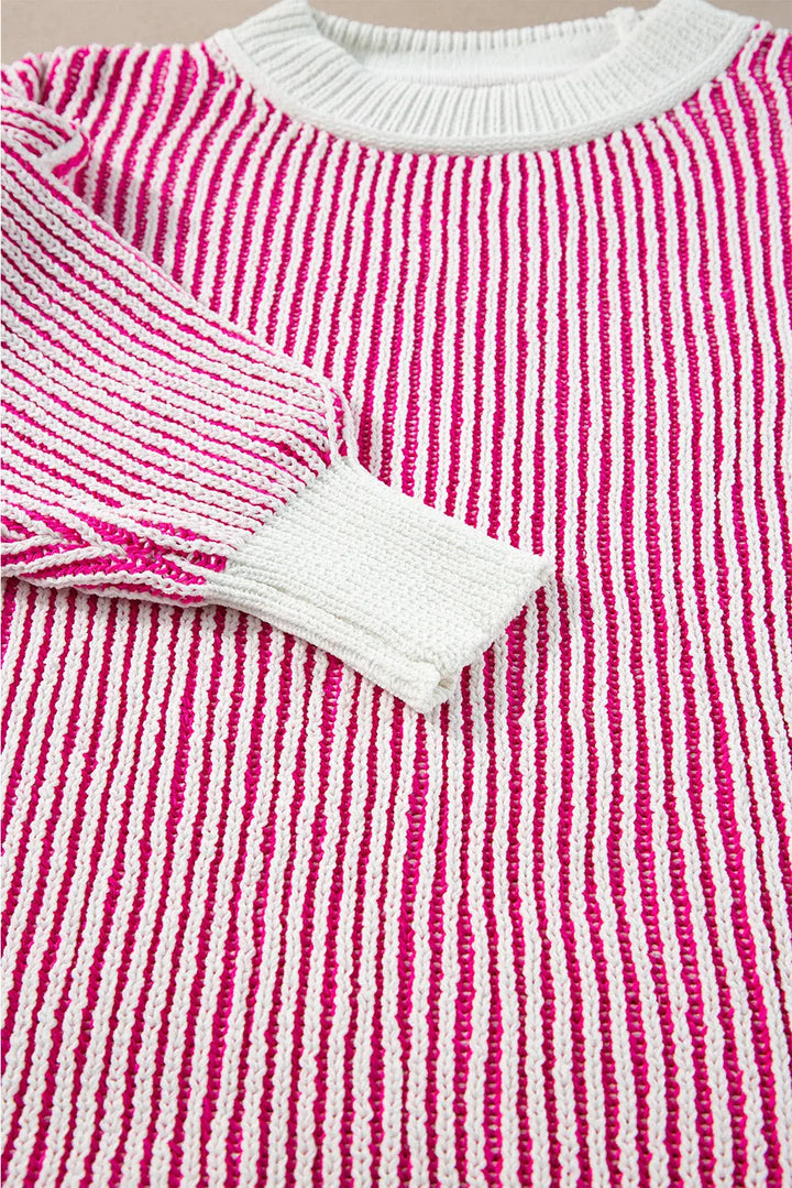 Pull ample à bords contrastés en tricot texturé à rayures rose vif Perfectelena