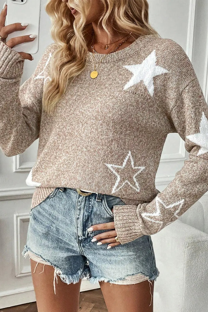 Pull kaki à épaules tombantes et motif étoiles Perfectelena