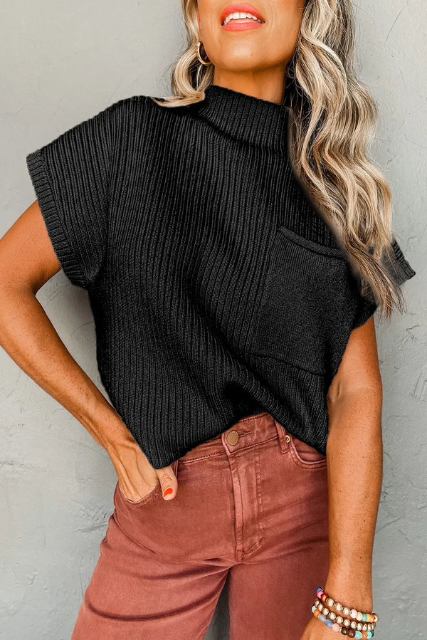 Pull noir à manches courtes en tricot côtelé avec poche plaquée Perfectelena