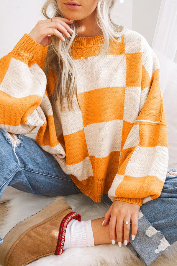 Pull orange à manches évêque à carreaux Perfectelena