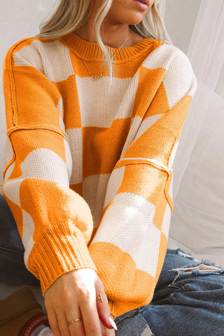 Pull orange à manches évêque à carreaux Perfectelena