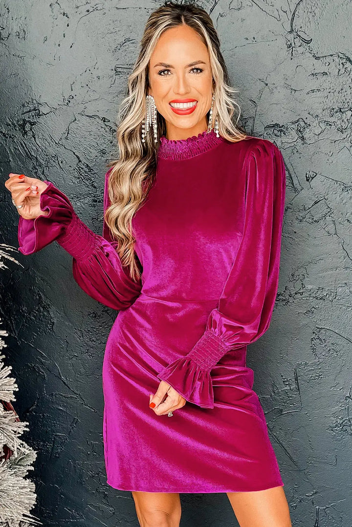 Rose Red Smocked Mock Neck Ruffled Puff Sleeve Velvet Mini Dress Perfectelena