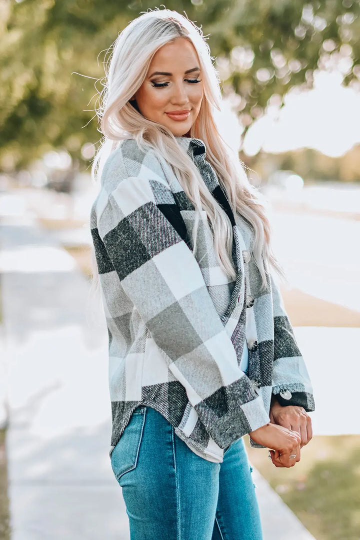 Veste à manches longues boutonnée à carreaux gris avec poche Perfectelena