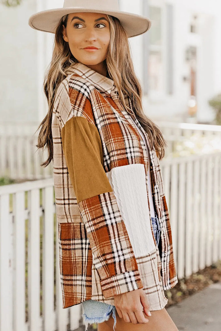 Veste chemise patchwork à carreaux orange avec poche Perfectelena