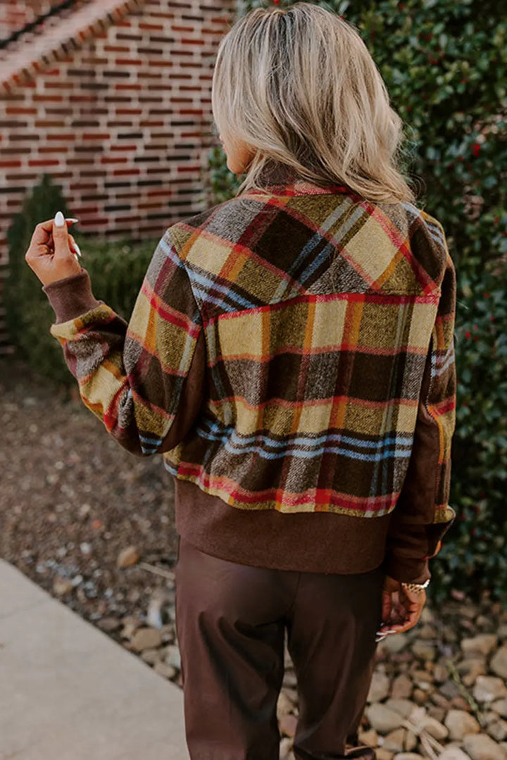 Veste marron à carreaux imprimés avec poches poitrine et fermeture éclair à boutons et col montant Perfectelena