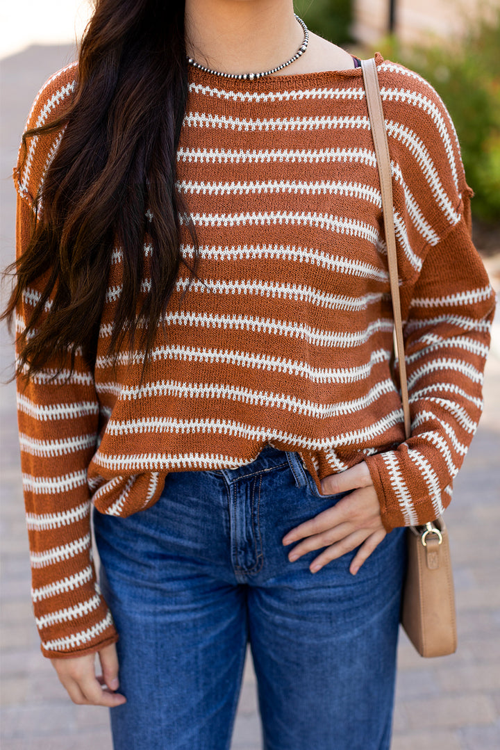 Pull décontracté à rayures rouge à épaules tombantes Perfectelena